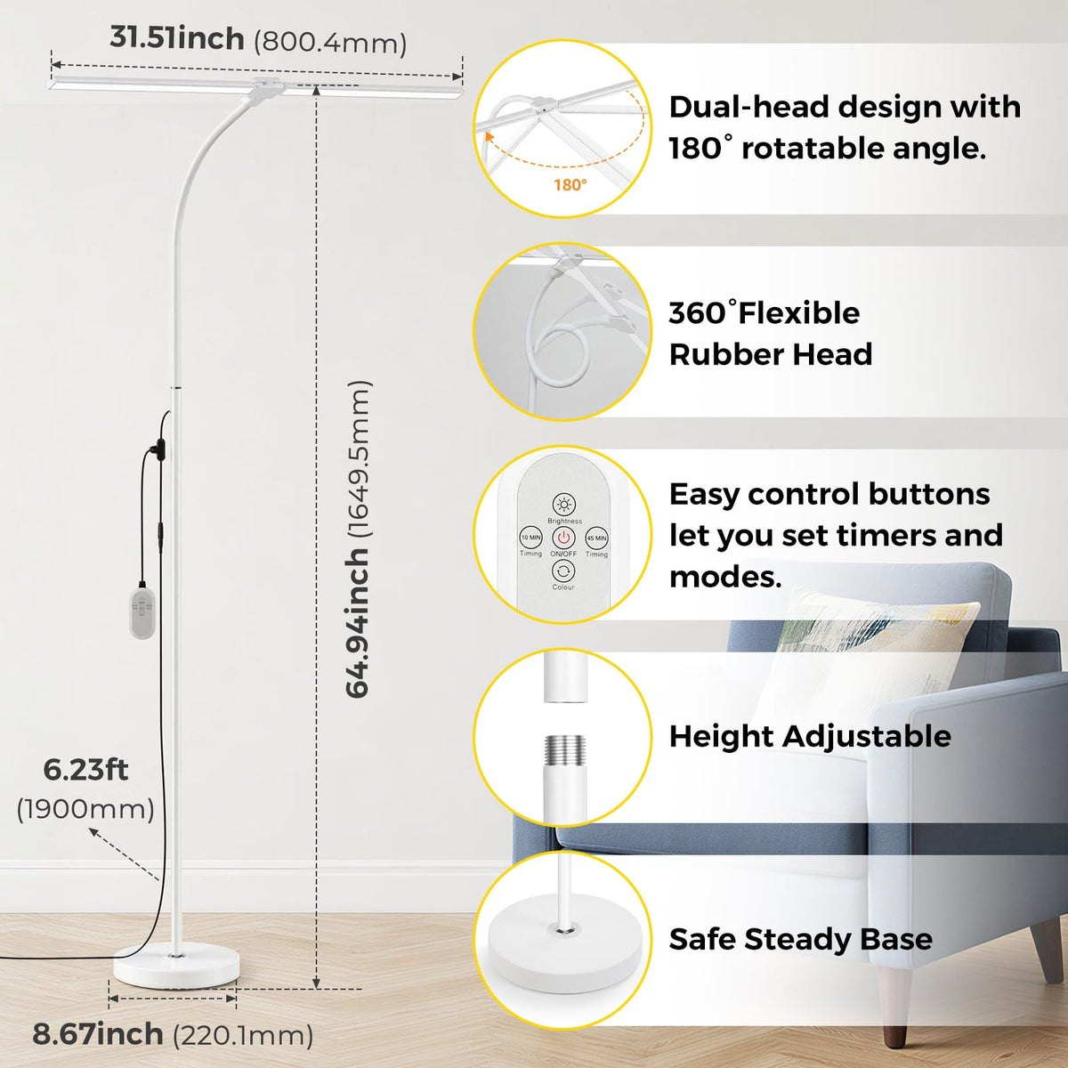 Dual head LED Floor Lamp 20W 1400LM Adjustable Neck Bright Light White (White)