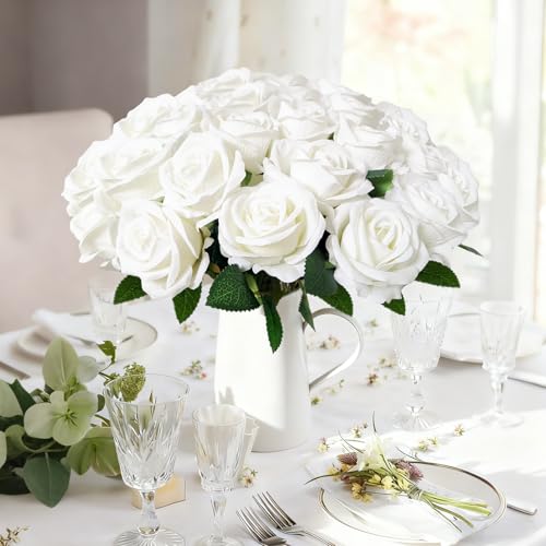 50Pcs White Roses Artificial Flowers with Stems for Home Decor (White / 50Pcs)