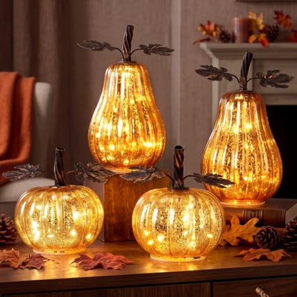 4 Pcs Glass Pumpkin Lighted Fall Thanksgiving Decor