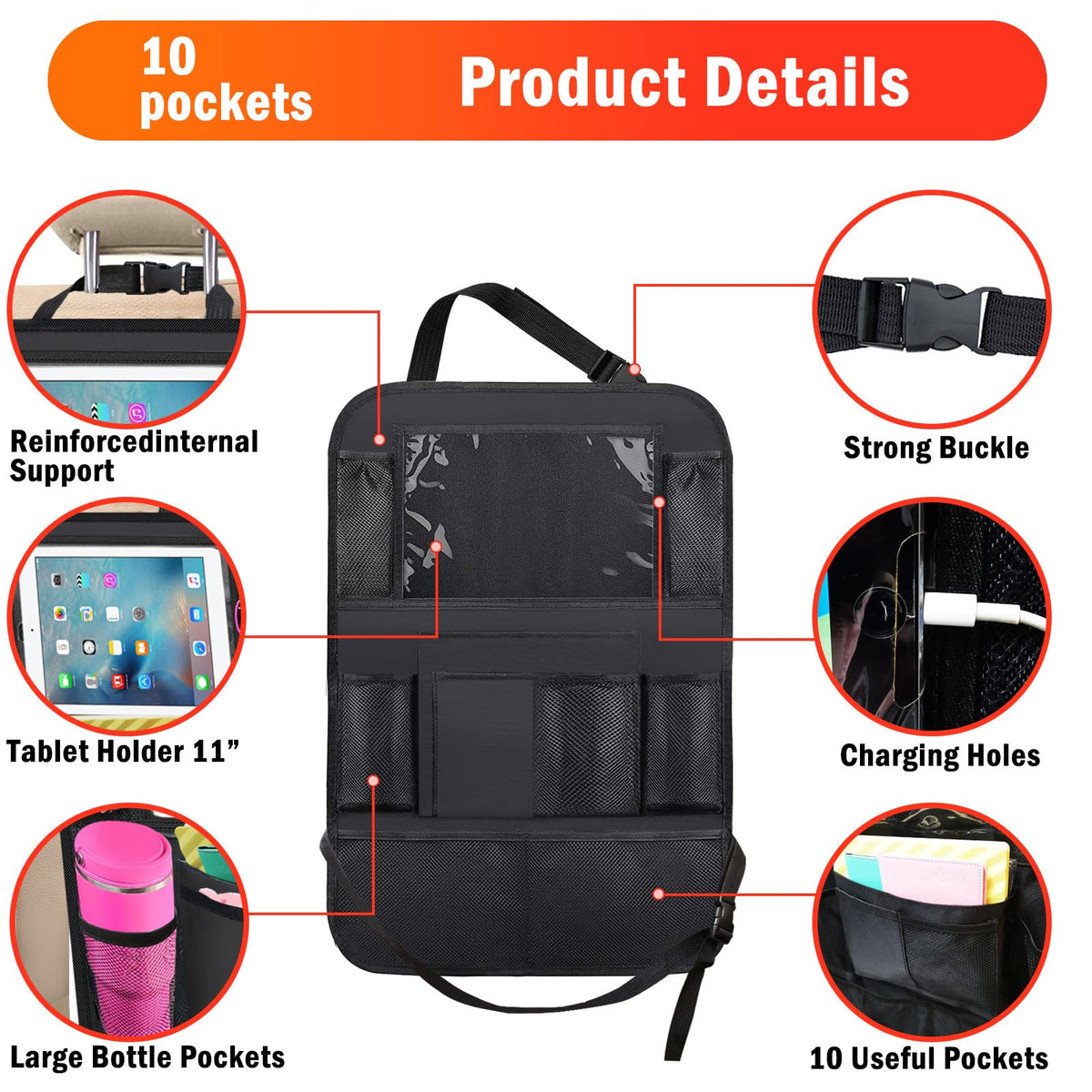 2 Pack Car Backseat Organizer Car Seat Organizer Back Seat Protector (Black / 2 Pack without Food Tray)