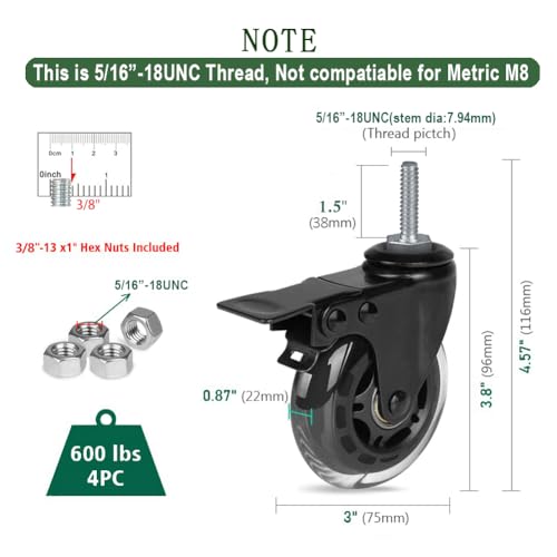 3" Rubber Caster Wheels Heavy Duty with Brakes