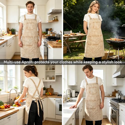 Denim Apron with Pockets and Adjustable Cross Straps for Hair Stylist Salon Nail Tech Barber Women Jean Aprons (Khaki)