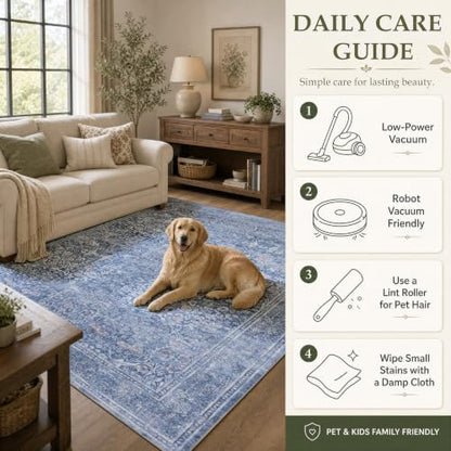 Runner Rug 2x8 Washable Vintage Floral Rug (Dusk Blue / 2' x 8' (Rectangular))