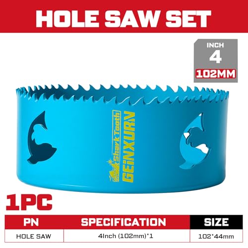 4 Inch(102mm) Hole Saw, 1PC HSS Bi-Metal Hole Saw Kit with Shark Tooth Hole Cutter for Wood,Drywall, PVC Boards and Thin Metal (1 PCS 4")