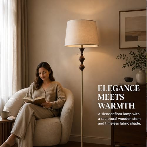 Wood & Brushed Floor Lamp with Pull Chain Switch & Remote Control