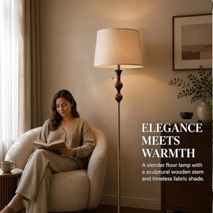 Wood & Brushed Floor Lamp with Pull Chain Switch & Remote Control