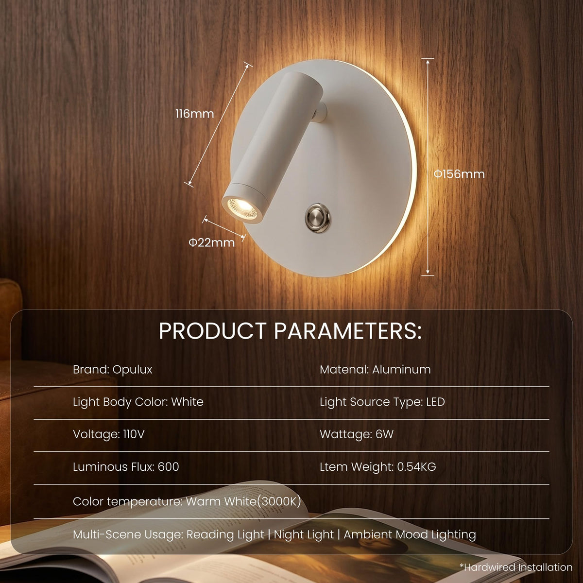 6W LED Bedside Wall Sconce with Switch (White 2Pcs)