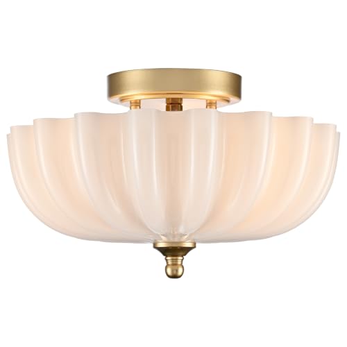 Modern Brass Semi Flush Mount Ceiling Light with Milky Glass Shade