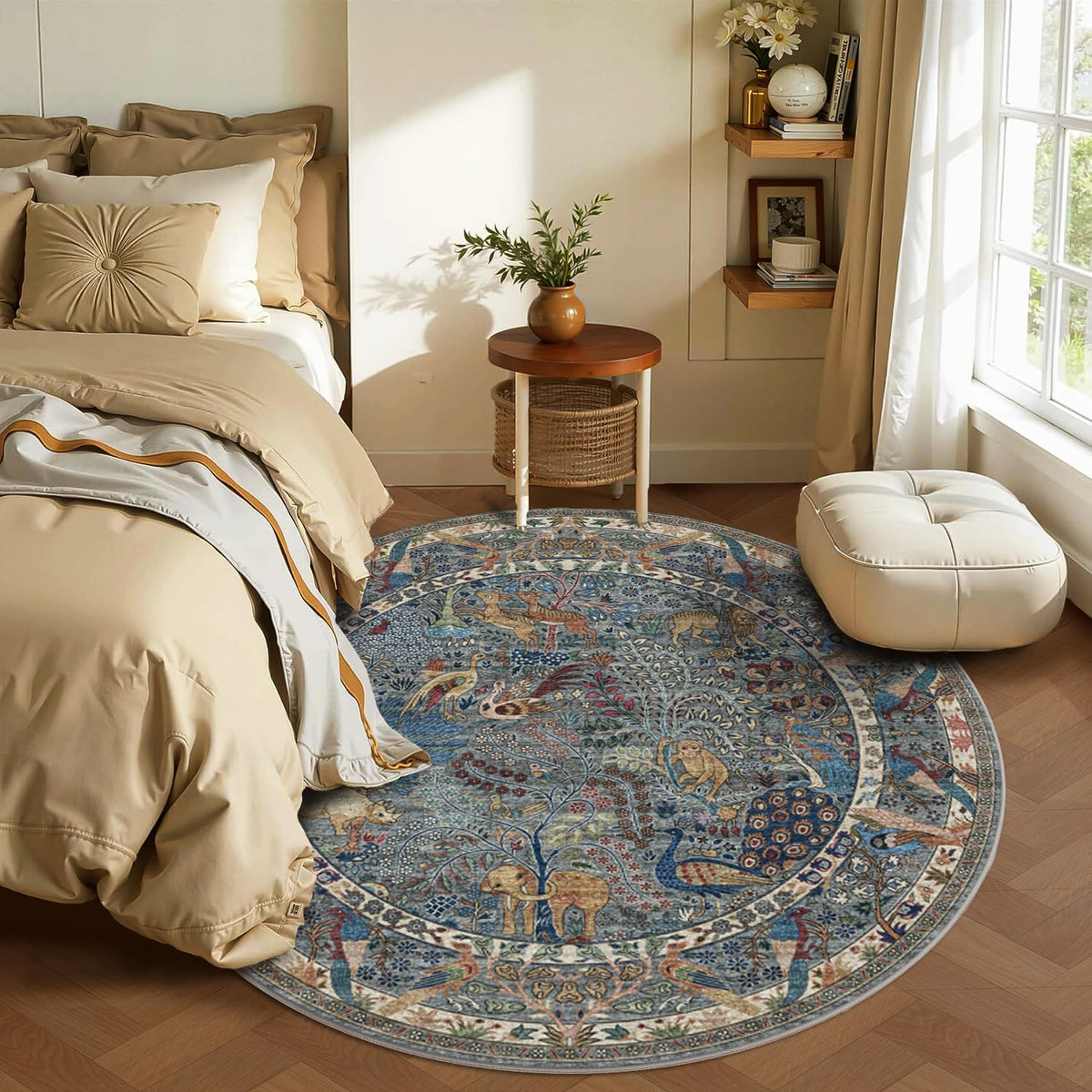 6ft Round Rug Circular Animal Print Area Rug Low Pile Indoor Rug (Dusty Blue/Multi / 6' (Round))