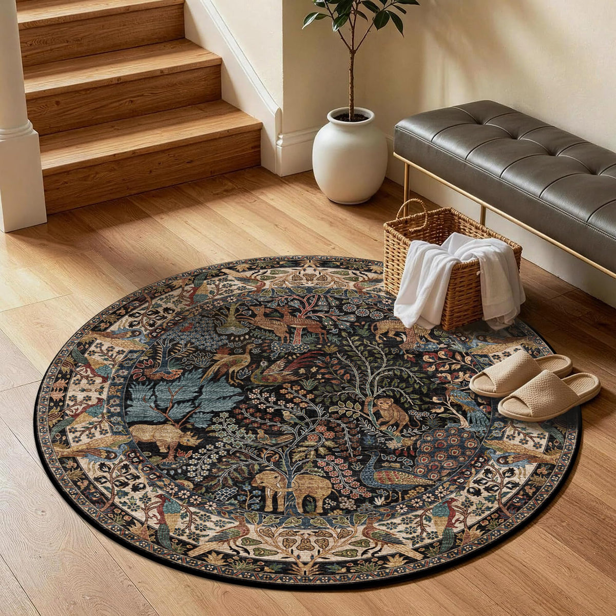 4ft Round Rug Circular Animal Print Area Rug Low Pile Indoor Rug (Vintage Black / 4' (Round))
