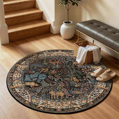 4ft Round Rug Circular Animal Print Area Rug Low Pile Indoor Rug (Vintage Black / 4' (Round))