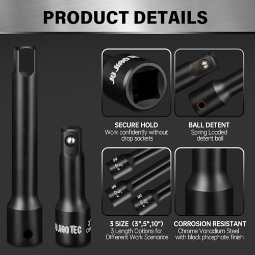 4-Piece 1/2-Inch Drive Impact Extension Bar and Universal Joint Set, 3-Inch, 5-Inch, and 10-Inch Sizes, CR-V Steel, Manganese Phosphate Finished