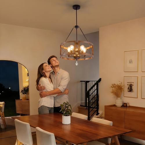 Rustic Farmhouse Chandelier Wooden Light Fixture Round Chandelier