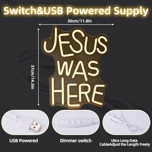 Neon Sign Jesus Was Here neon sign for Wall Decor Christian LED Signs Dimmable&USB Power Neon Light for Bedroom Easter Religious Events Church Decor（Warm White）