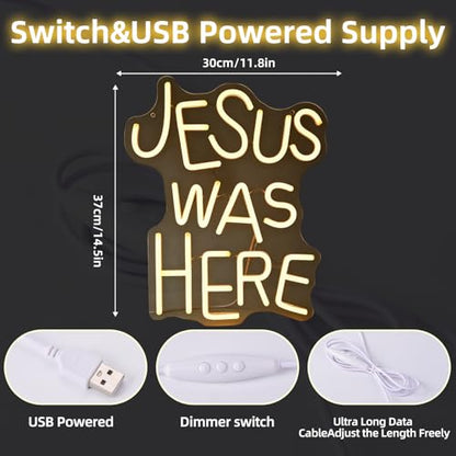 Neon Sign Jesus Was Here neon sign for Wall Decor Christian LED Signs Dimmable&USB Power Neon Light for Bedroom Easter Religious Events Church Decor（Warm White）