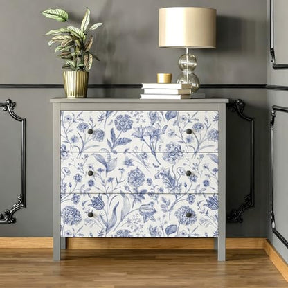White and Blue Floral Peel and Stick Wallpaper Vintage 17in x 118in (Blue / 16.9" x 118.1")