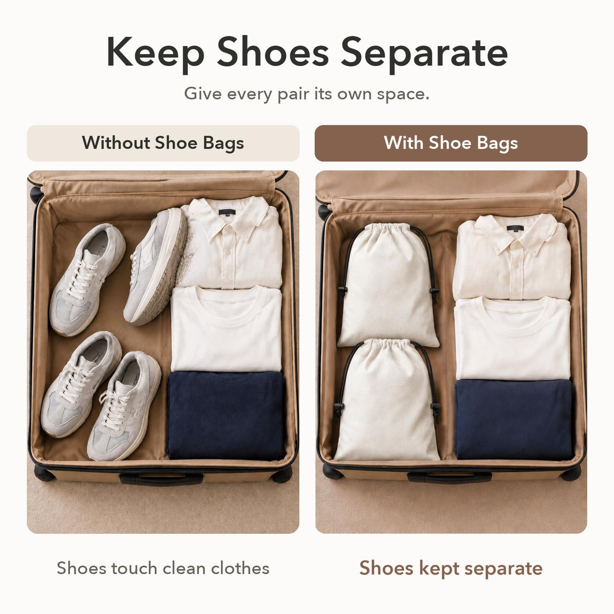 6 Pack Premium Velvet Shoe Bags for Travel & Packing in Suitcases (Beige)
