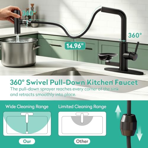 Waterfall Kitchen Faucets with Glass Rinser & Pull Down Sprayer