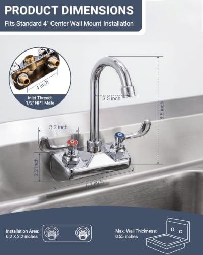 Commercial Sink Faucet Wall Mount 4" Center Hand Sink Faucet 3