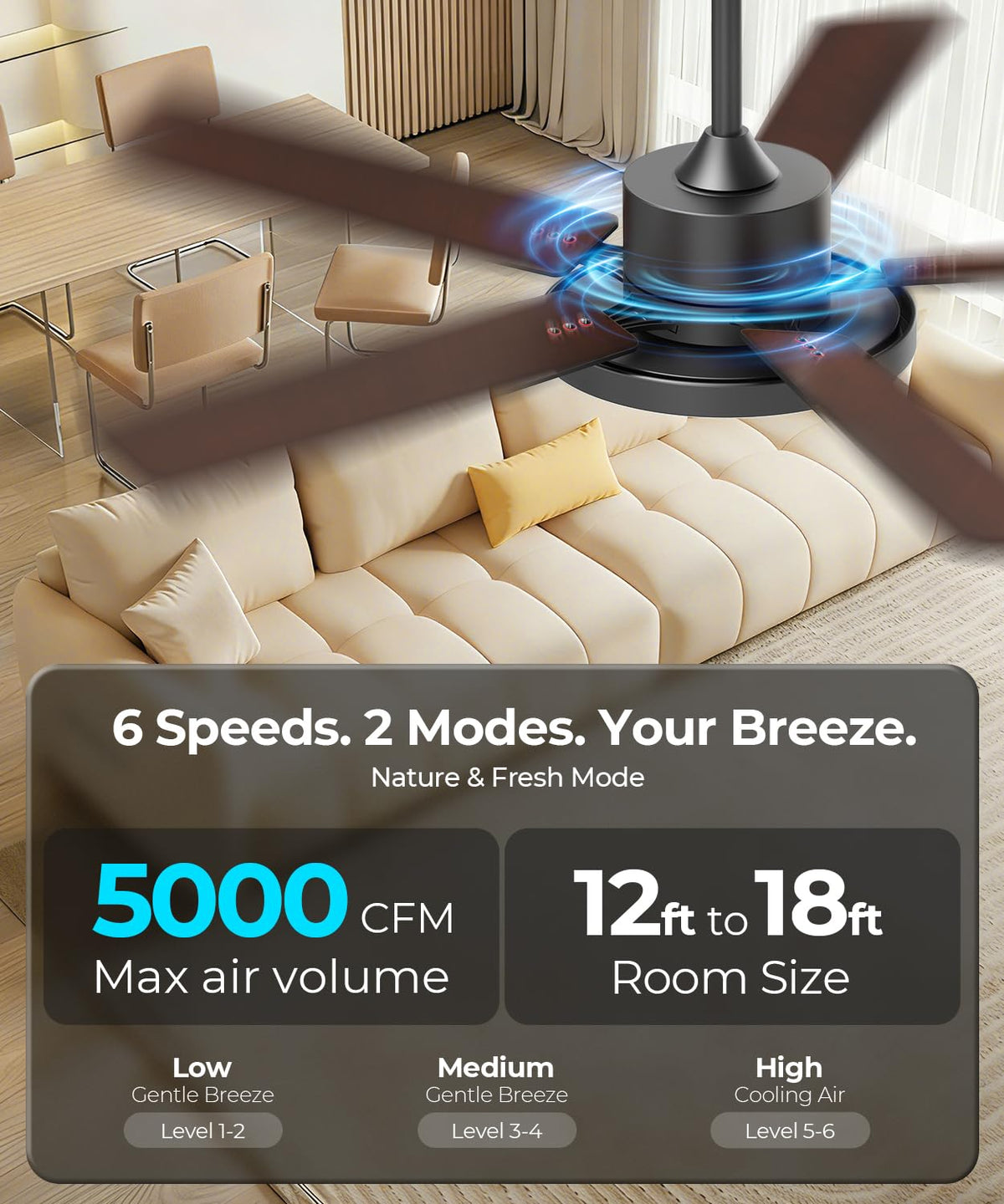 RGBCW Smart 52" 2600LM LED Ceiling Fan Light with Remote (Black +Walnut / 52 Inch)