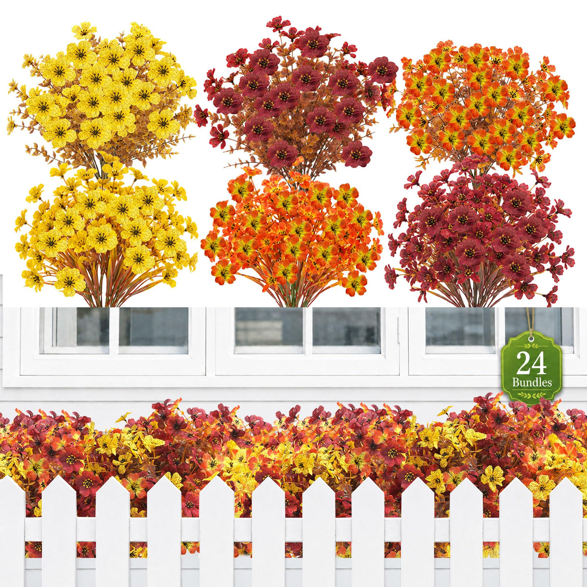 24Pcs Artificial Fall Flowers for Outdoors UV Resistant Decor