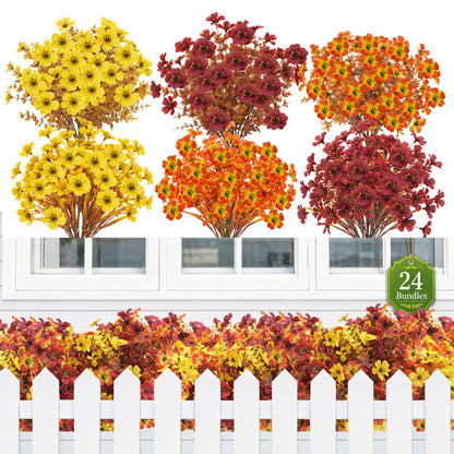 24Pcs Artificial Fall Flowers for Outdoors UV Resistant Decor