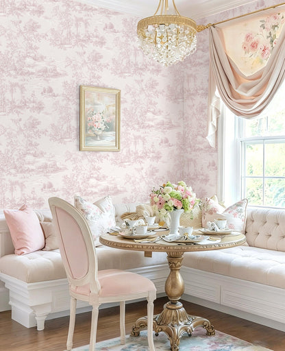 Peel and Stick Wallpaper Vintage Wallpaper Pink Removable Wall Paper Toile Self (Pink / 17.3" x 196.8")