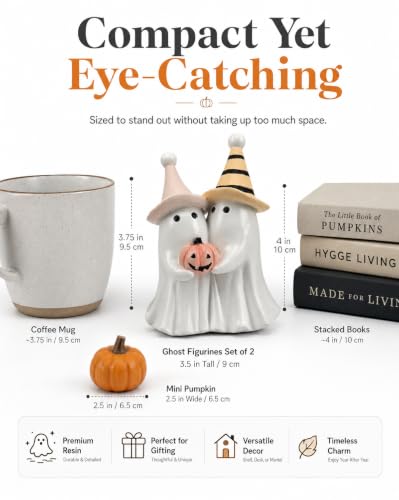 Spooky Cute Halloween Ghost Holding Pink Pumpkin Figurine (White Ghost Duo)