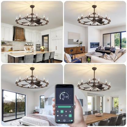 44" Wagon Wheel Chandelier Ceiling Fan with 12 Lights
