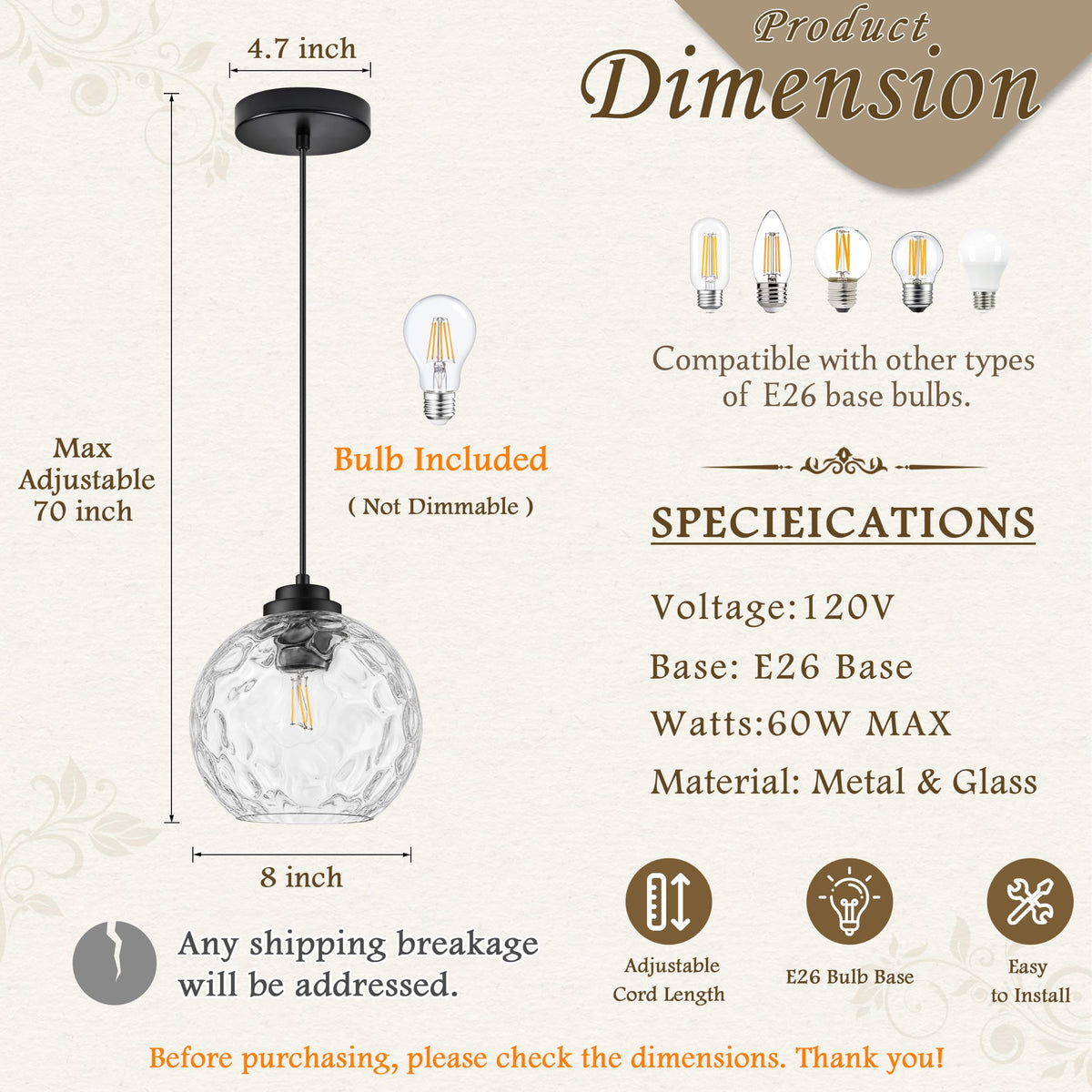 8" Modern Pendant Lights Kitchen Island Black Mid Century Modern Pendant Light Fixtures with Clear Glass Globe Modern Hanging Pendant Light for Bathroom Dining Room （Bulb Incl.） (Black & Hammered Glass / 8 Inch)