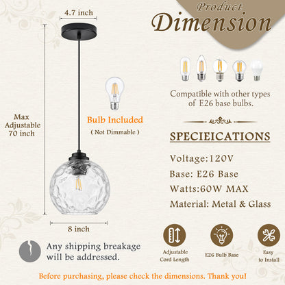 8" Modern Pendant Lights Kitchen Island Black Mid Century Modern Pendant Light Fixtures with Clear Glass Globe Modern Hanging Pendant Light for Bathroom Dining Room （Bulb Incl.） (Black & Hammered Glass / 8 Inch)