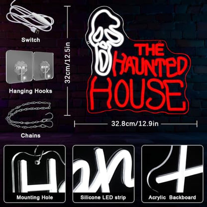 Haunted House Halloween Neon Sign for Wall Decor Halloween Neon Light Ghostface LED Sign Red Letter Neon Wall Sign Dimmable Goth LED Light for Party Game Room Bar Halloween Decor (Haunted House)