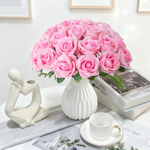 50Pcs Pink Roses Artificial Flowers with Stems (Pink / 50Pcs)