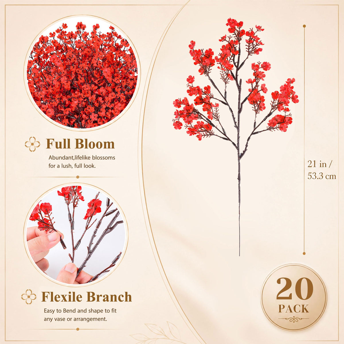 20Pcs Artificial Christmas Flowers Red Babys Breath Decoration for Home (Red)