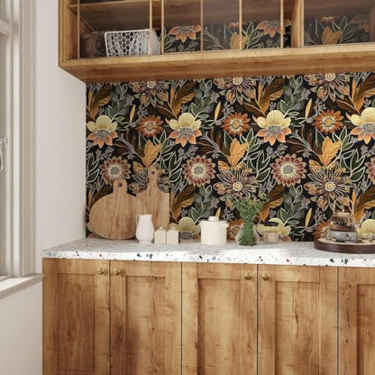 Boho Black Gold Floral Vintage Peel and Stick Wallpaper 17.4"x118" (Black/Brown / 17.4" x 118")