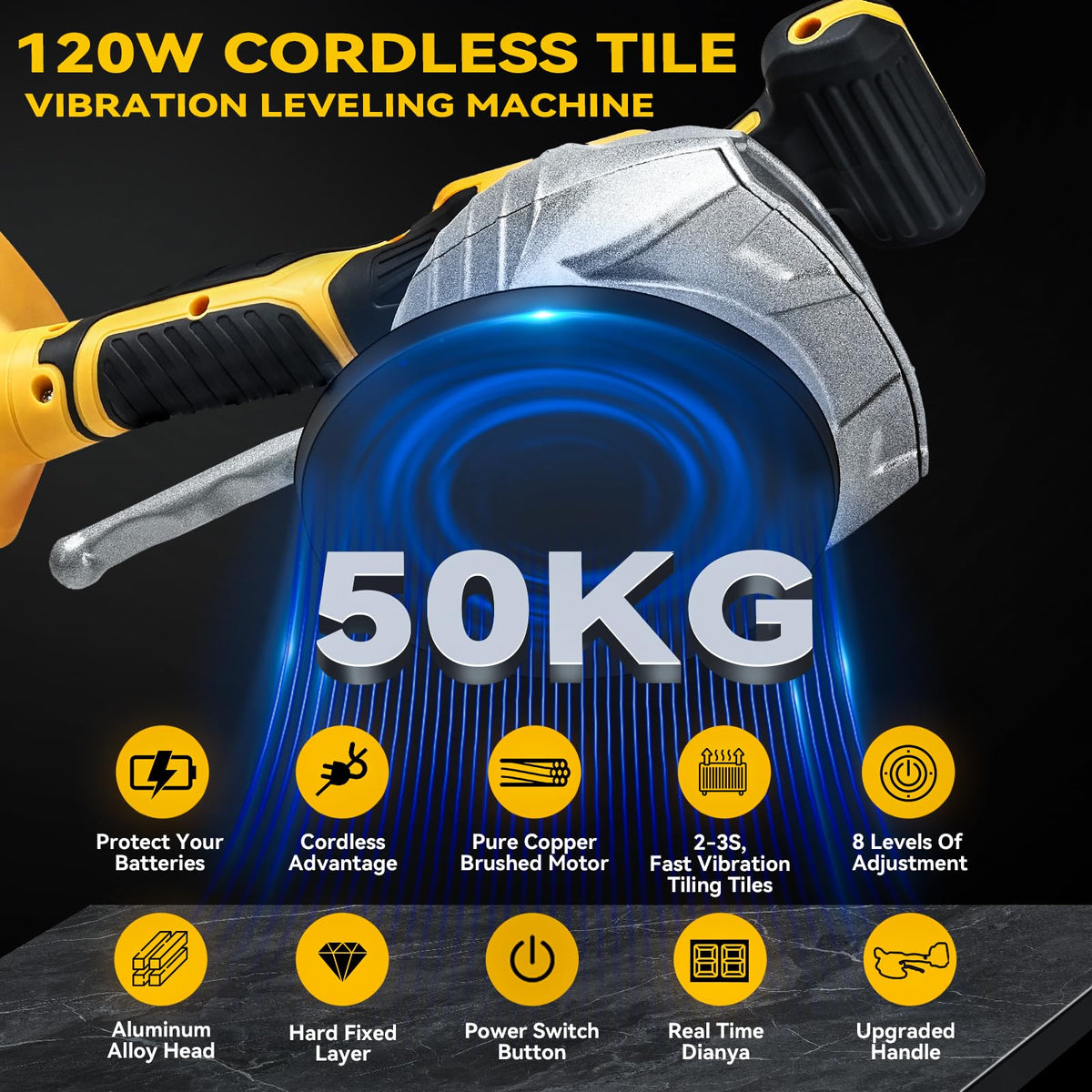 Cordless Tile Vibration Tool Compatible with Dewalt 20V Battery (Yellow -8 Speed)