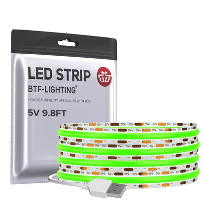 FCOB 5V USB Powered Green Color COB LED Strip Lights for TV (Green / 9.8FT)