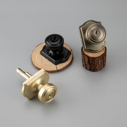 Antique Brass Door Knobs with Lock and Keys for Exterior Door