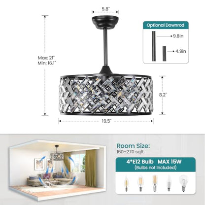 Crystal ceiling fan with light remote APP control