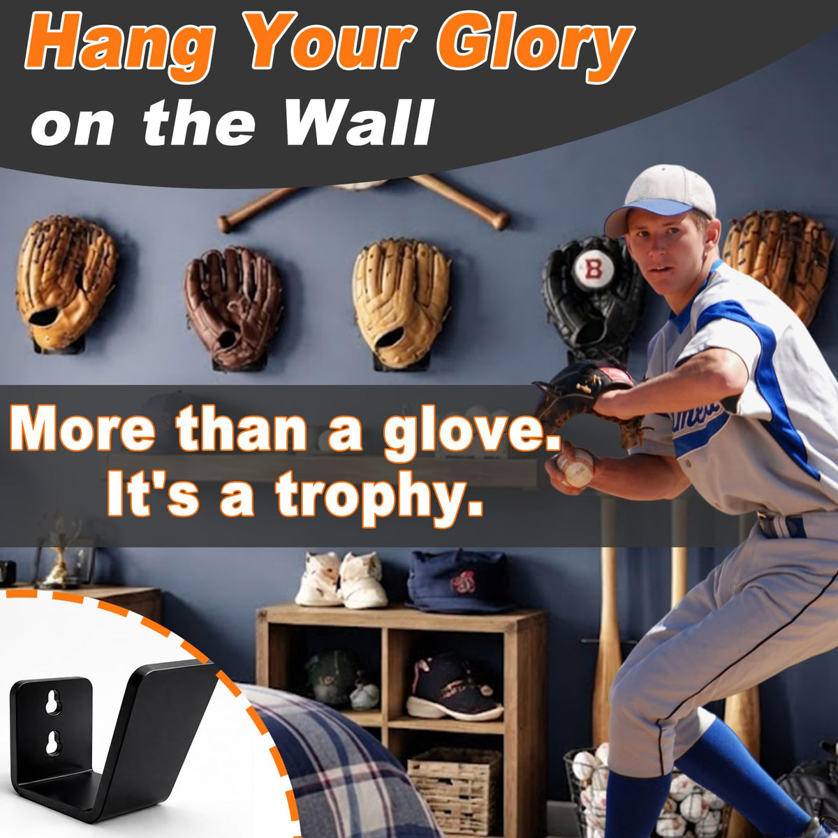 4Pcs Baseball & Softball Glove Wall Mount Display Holders (Black / 4 Pcs)