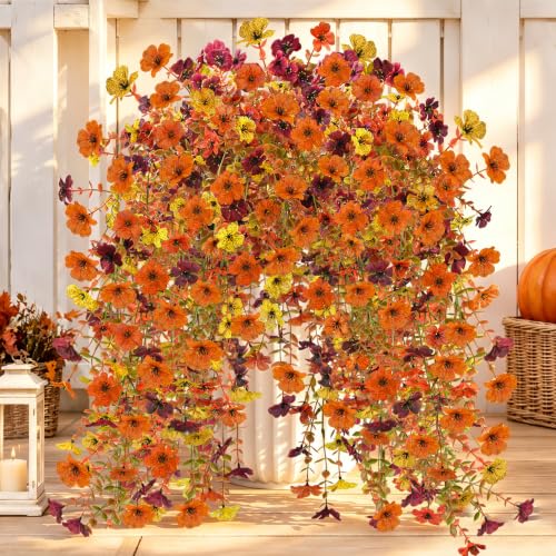 4Pcs Artificial Mums for Outdoors with Larger Flower Heads (Yellow/Orange/Burgundy)