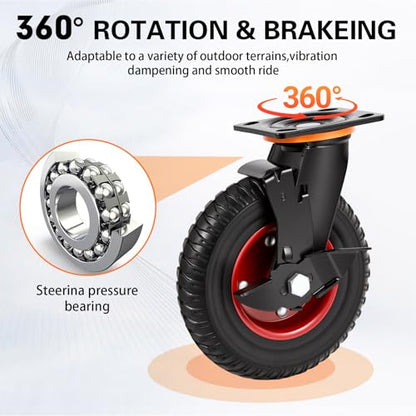 8 Inch Caster Wheels 4pcs Heavy Duty Swivel with Brake Rubber Solid Wheels (8 Inch Wheel)