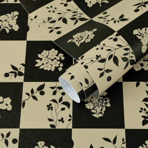Plaid Peel and Stick Wallpaper Vintage Checkered Contact Paper Vinyl Removable Waterproof Floral and Leaf Plaid Wallpaper for Bedroom Bathroom Kitchen Cabinets