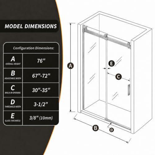 67 72" W x 76" H Frameless Bypass Sliding Shower Door for Walk in Shower