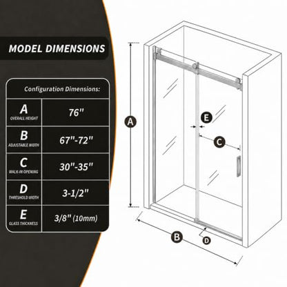 67 72" W x 76" H Frameless Bypass Sliding Shower Door for Walk in Shower