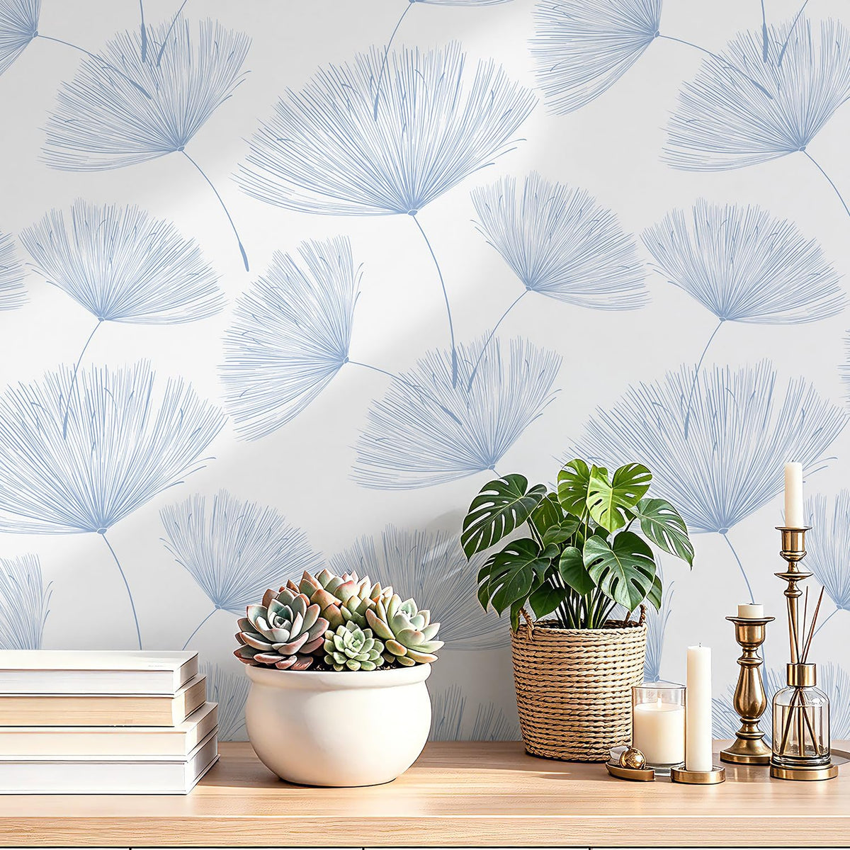 Blue and White Peel and Stick Wallpaper Dandelion 17.3in x197in Contact Paper Peel and Stick Wall Paper Modern Boho Self Adhesive Removable Vinyl Wallpaper for Bedroom Bathroom (Blue/White / 17.3" x 197")