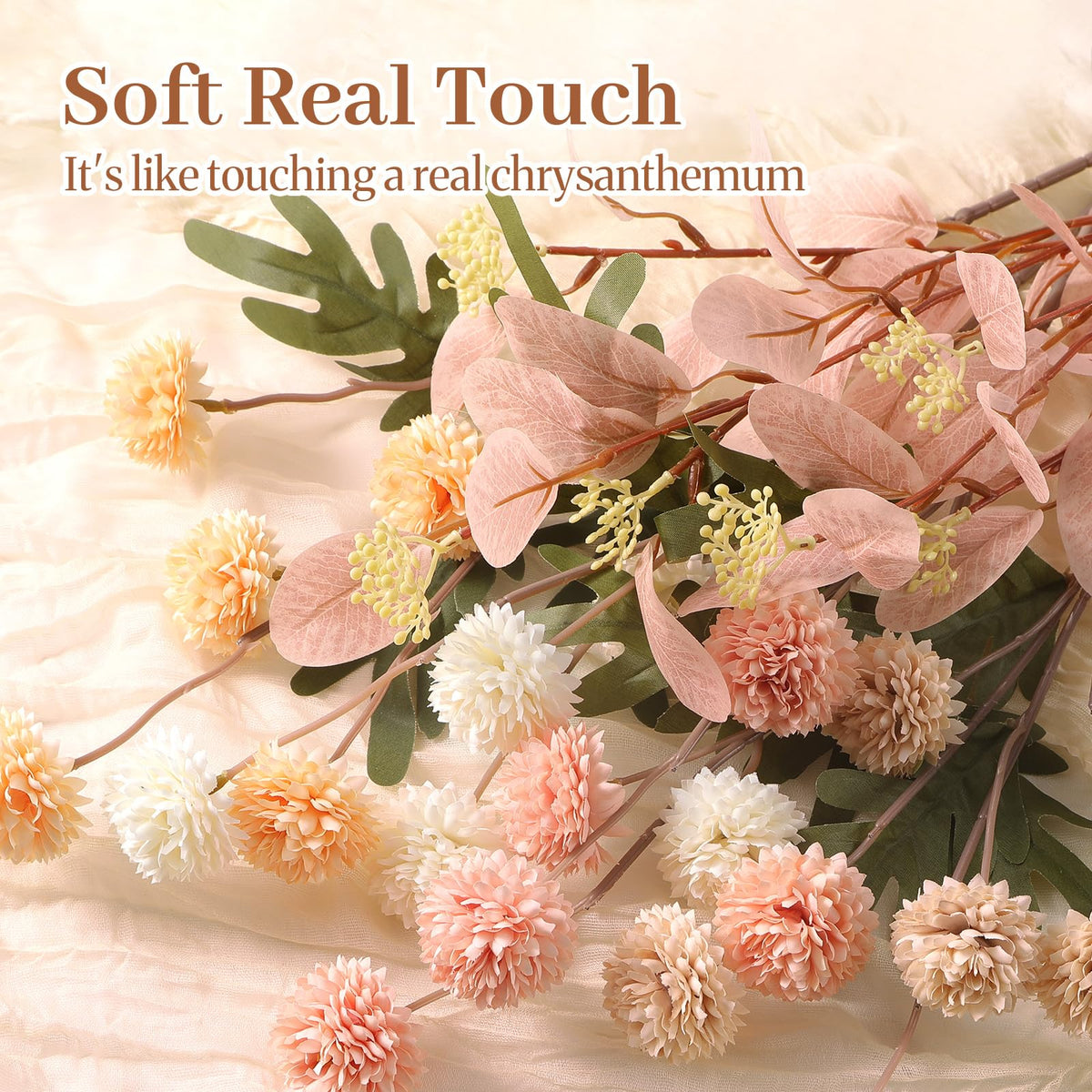 16 Pcs Faux Silk Mums with Eucalyptus (Beige Pink Orange White)