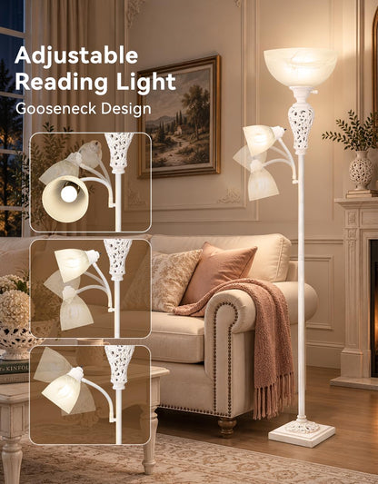 Torchiere Floor Lamp with Adjustable Reading Light for Living Room Corner (Washed White)