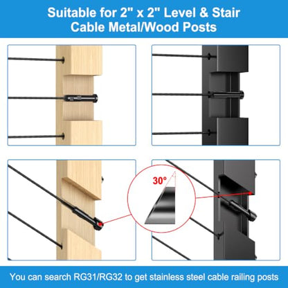 1 8" Cable Railing Kit Hardware Swageless Invisible Cable Railing Tensioner for 2"x2" Wood Post & Metal Post T316 Steel Stainless Deck Cable Railing System