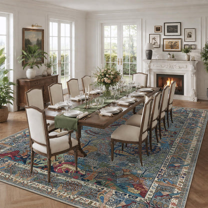 9x12 Large Area Rug Vintage Animals Floral Print Indoor Carpet (Dusty Blue/Multi / 9' x 12' (Rectangular))